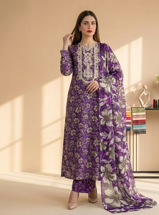 Elegant Purple Floral Printed Lawn 3 Piece Suit