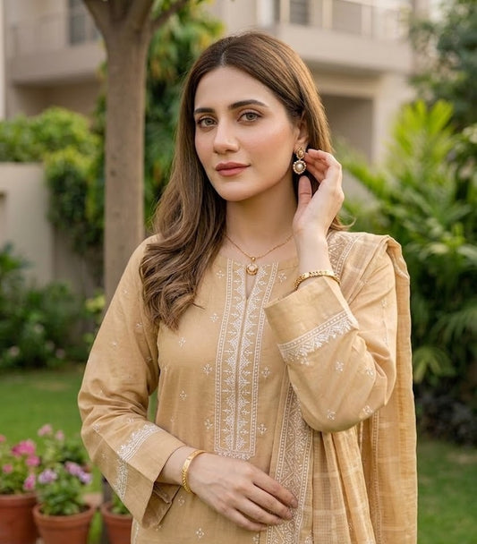 Sandstone Bloom – 3-Piece Luxury Embroidered Suit