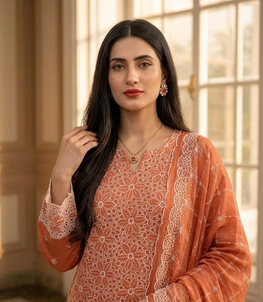 Terracotta Rust Chikankari 3-Piece Unstitched Lawn Suit
