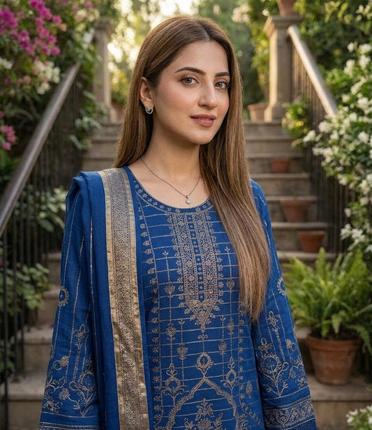 Cobalt Radiance: 3-Piece Embroidered Festive Suit
