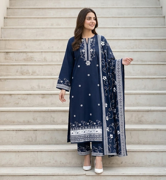 Navy Floral – 3 Piece Unstitched Suit