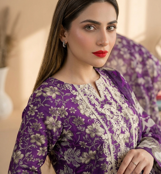 Elegant Purple Floral Printed Lawn 3 Piece Suit