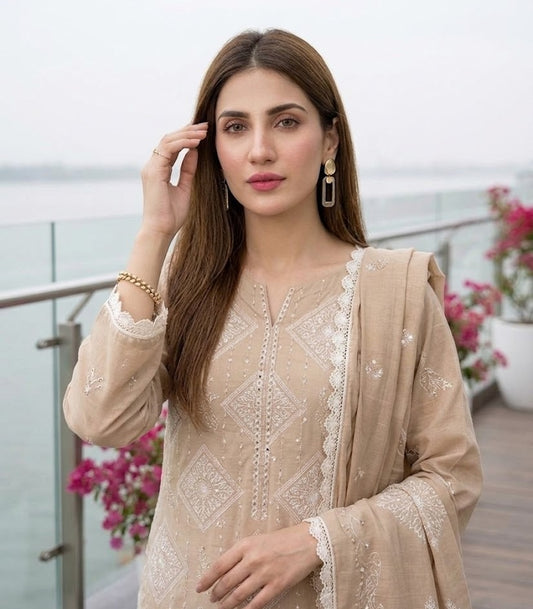 Warm Beige Embroidered Lawn 3-Piece Suit