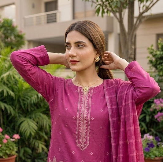 Magenta Bloom: 3-Piece Luxury Embroidered Suit