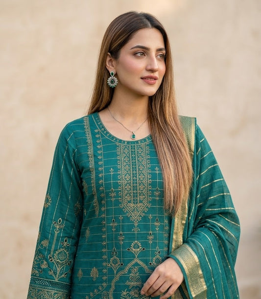Emerald Enigma: 3-Piece Embroidered Suit