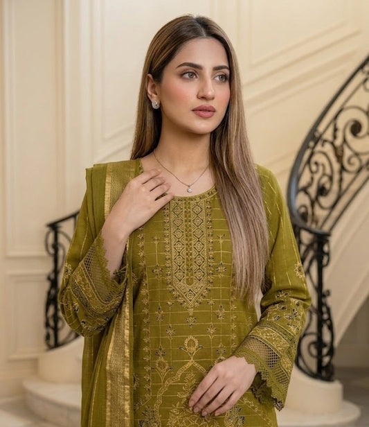 Olive Opulence: 3-Piece Embroidered Festive Suit