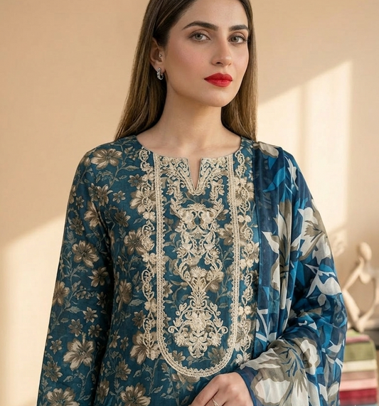 Midnight Teal Floral Elegance 3-Piece Suit with Heavy Embroidered Neckline