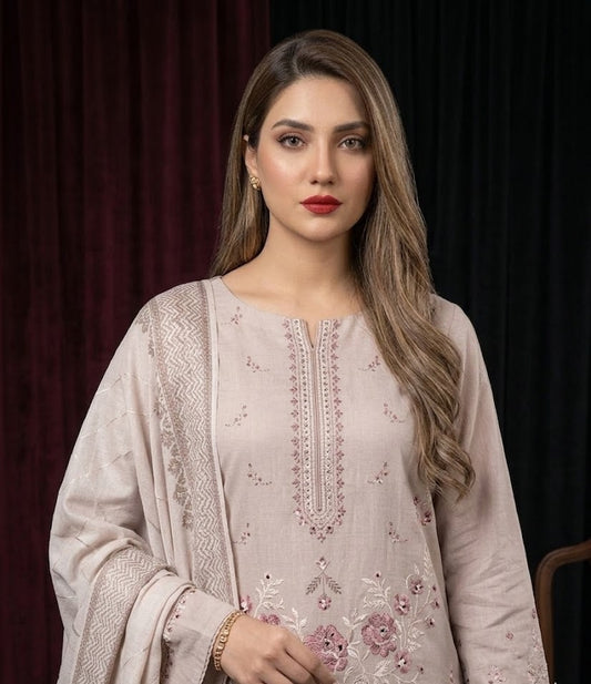 Taupe Blush: 3-Piece Embroidered Cross Slub Lawn Suit