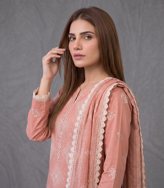 Dusty Pink Geometric 3-Piece Lawn Suit