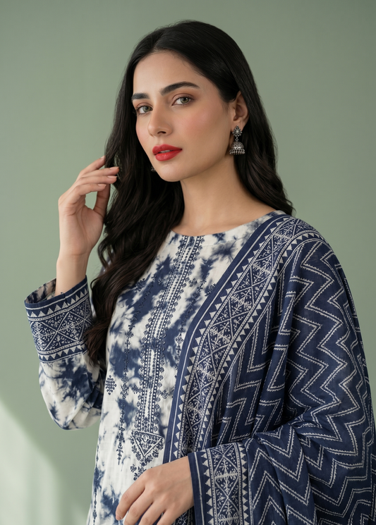 Indigo Shibori Elegance: 3-Piece Embroidered Suit