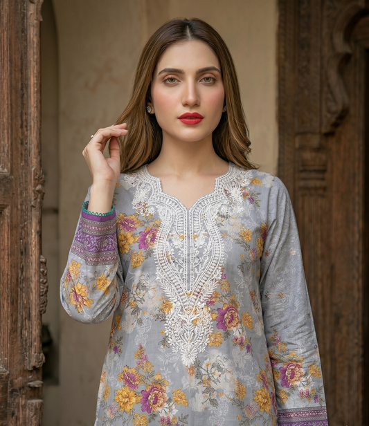 Slate Grey Floral Elegance: 3-Piece Embroidered Lawn Suit