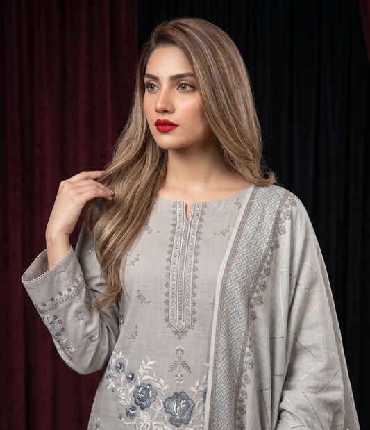 Ethereal Ivory Grace: 3-Piece Embroidered Cross Slub Lawn Suit