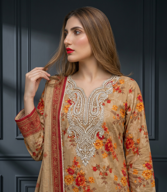 Amber Garden Elegance: 3-Piece Embroidered Lawn Suit