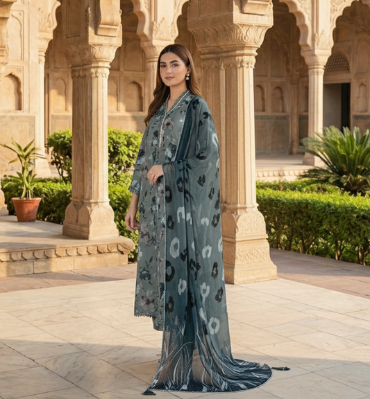 Slate Wildflower – 3 Piece Unstitched Suit