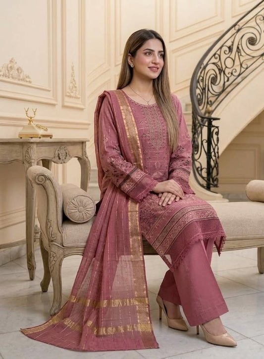 Dusty Rose Allure: 3-Piece Embroidered  Suit