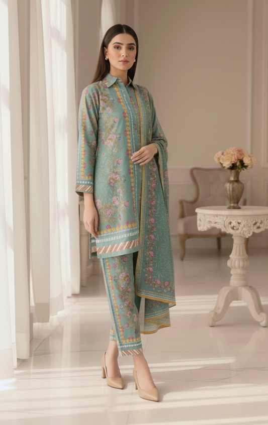 Pistachio Bloom – 3 Piece Unstitched Suit