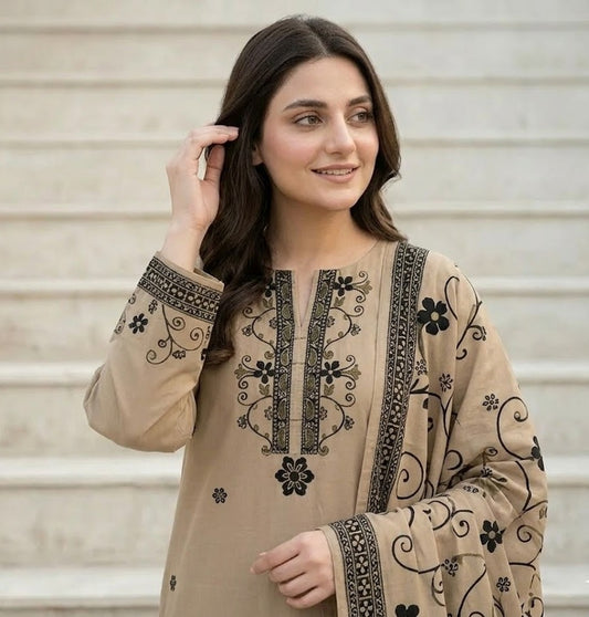 Beige Garden - 3 Piece Unstitched Suit