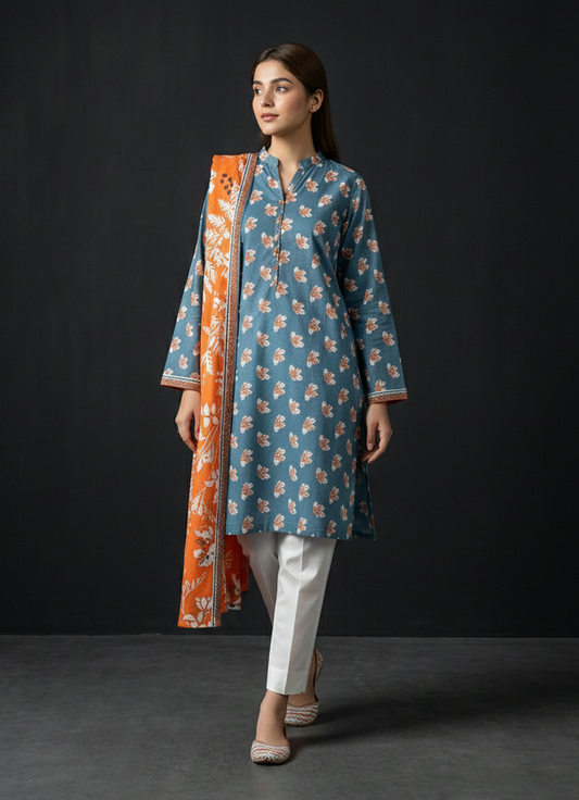 Citrus Teal – 3 Piece Unstitched Suit