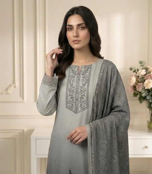 Mist Grey Forest – 3 Piece Unstitched Suit