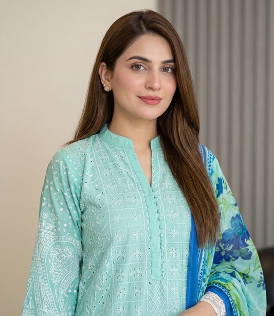 Elegant Aqua Embroidered Lawn 3 Piece Suit