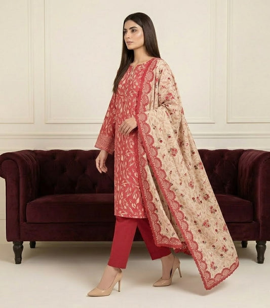 Crimson Petals – 3 Piece Unstitched Suit