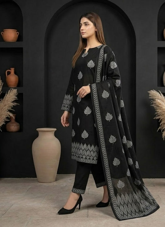 Leafy Noir – 3 Piece Unstitched Suit