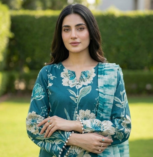 Teal Bloom – 3 Piece Unstitched Suit