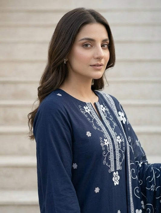 Navy Floral – 3 Piece Unstitched Suit