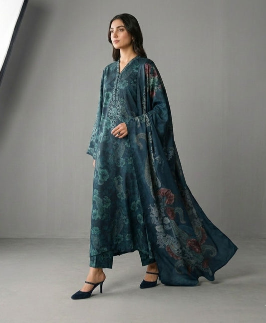 Teal Paisley – 3 Piece Unstitched Suit