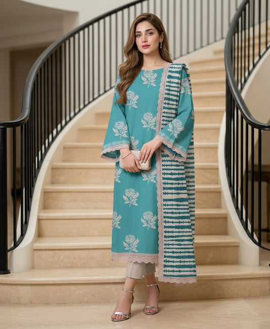Teal Peony – 3 Piece Unstitched Suit