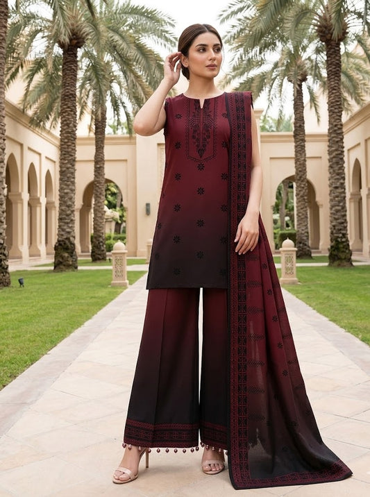 Maroon Ombre – 3 Piece Unstitched Suit