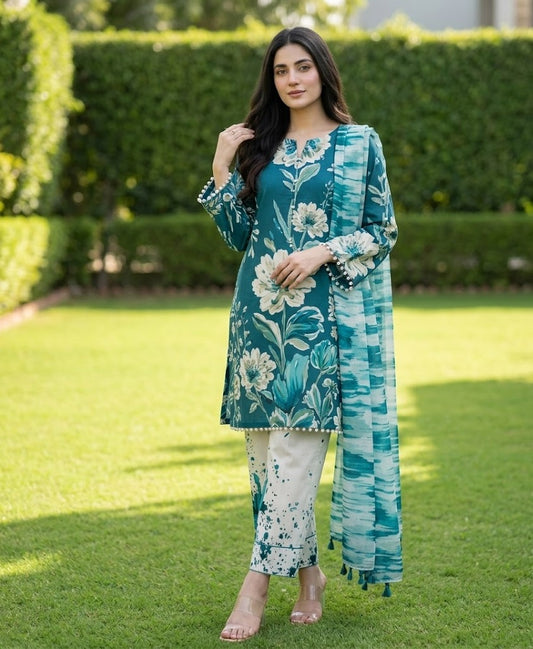Teal Bloom – 3 Piece Unstitched Suit
