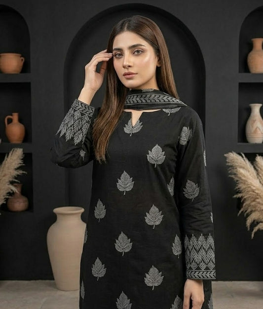 Leafy Noir – 3 Piece Unstitched Suit