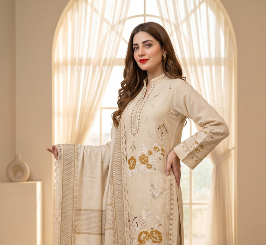 Gilded Sandstone: 3-Piece Embroidered Cross Slub Lawn Suit