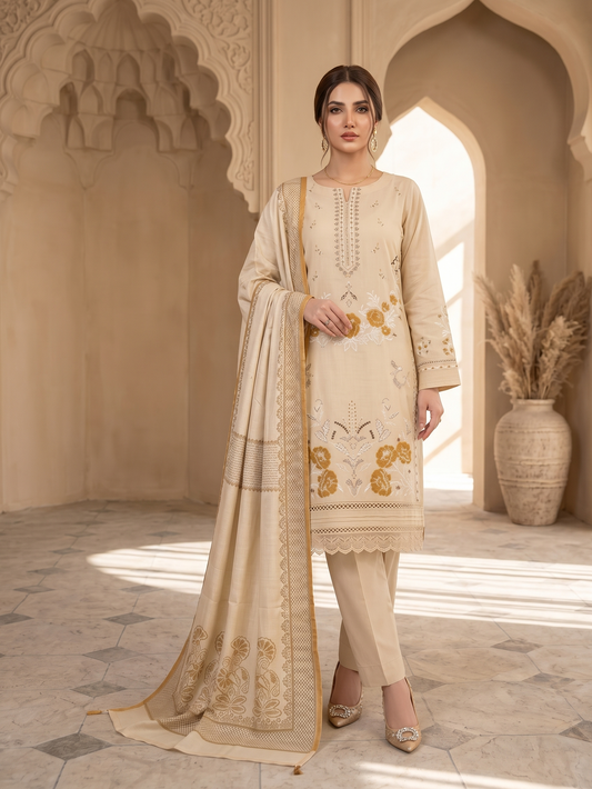 Gilded Sandstone: 3-Piece Embroidered Cross Slub Lawn Suit