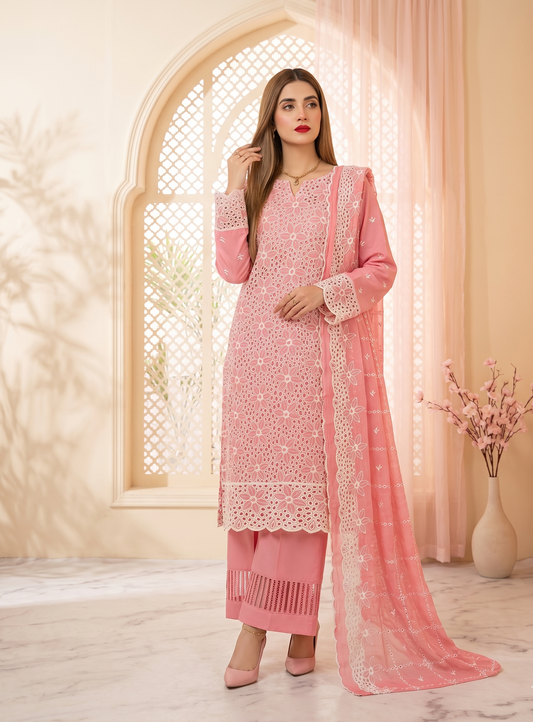 Blush Elegance 3-Piece Suit with Heavy Chicken Kari Embroidery