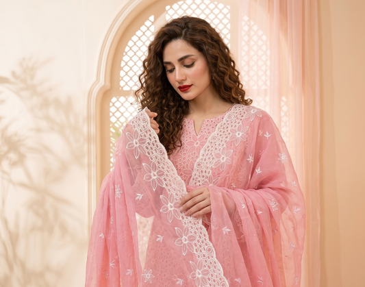 Blush Elegance 3-Piece Suit with Heavy Chicken Kari Embroidery