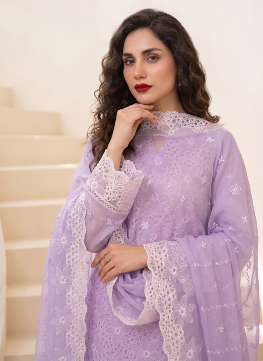 Lilac Lavender Chikankari 3-Piece Unstitched Lawn Suit