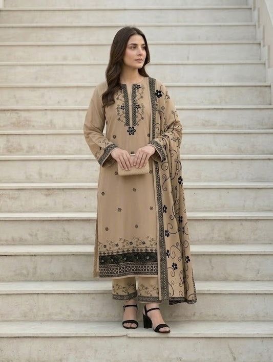 Beige Garden - 3 Piece Unstitched Suit